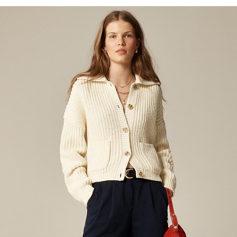 J.Crew Collared Crewneck Cardigan Womens S Cream Chunky Knit Quiet Luxury New